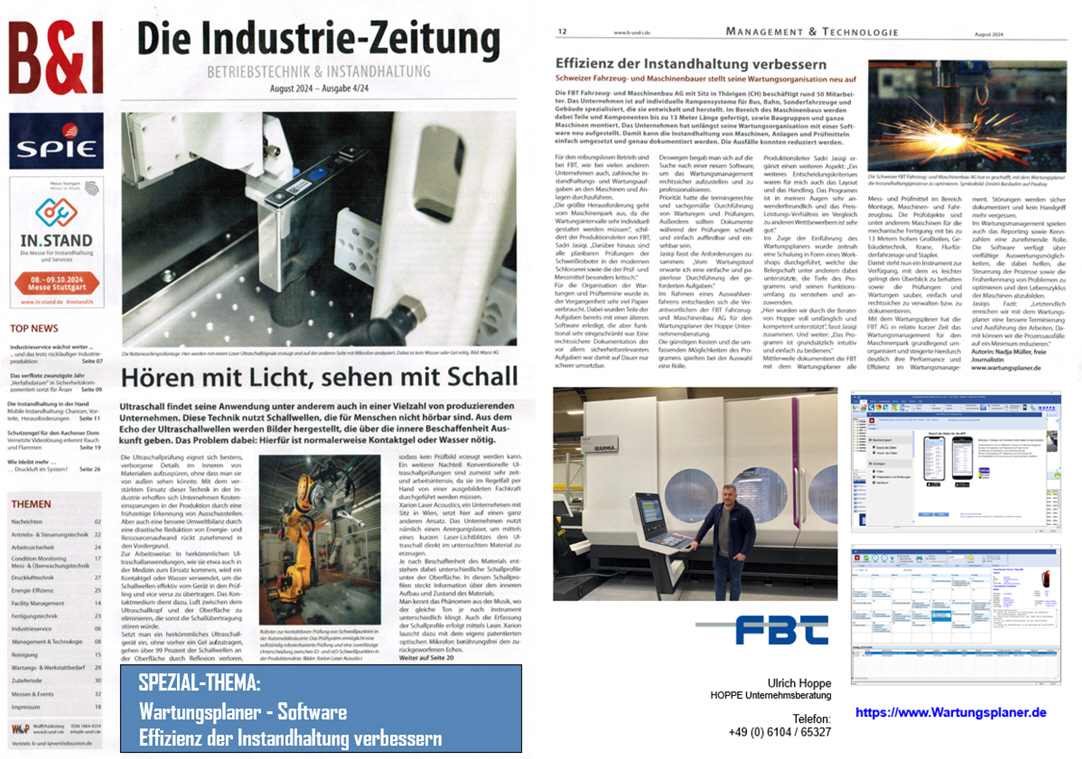 B&I Industrielle Zeitung August/24 FBT AG, Hess AG Effizienz der Instandhaltung verbessern