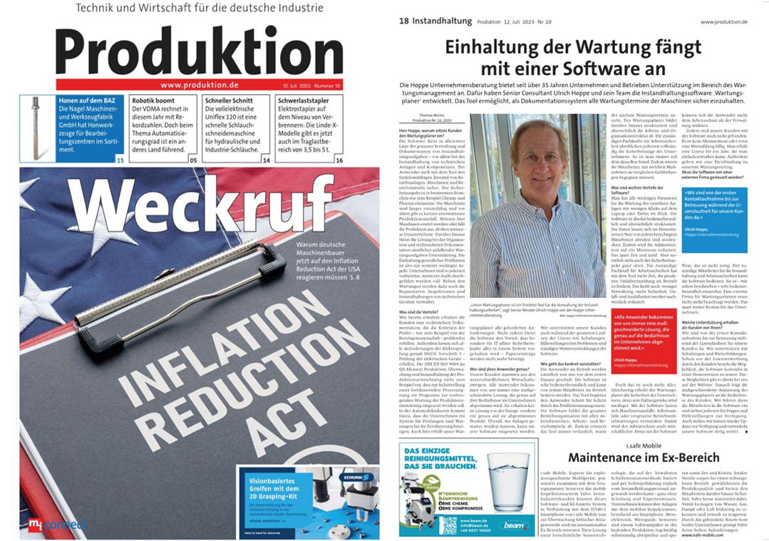 Instandhaltung Produktion - verlag moderne industrie GmbH Juli/23. Consultant Ulrich Hoppe hat die Instandhaltungssoftware Wartungsplaner entwickelt.